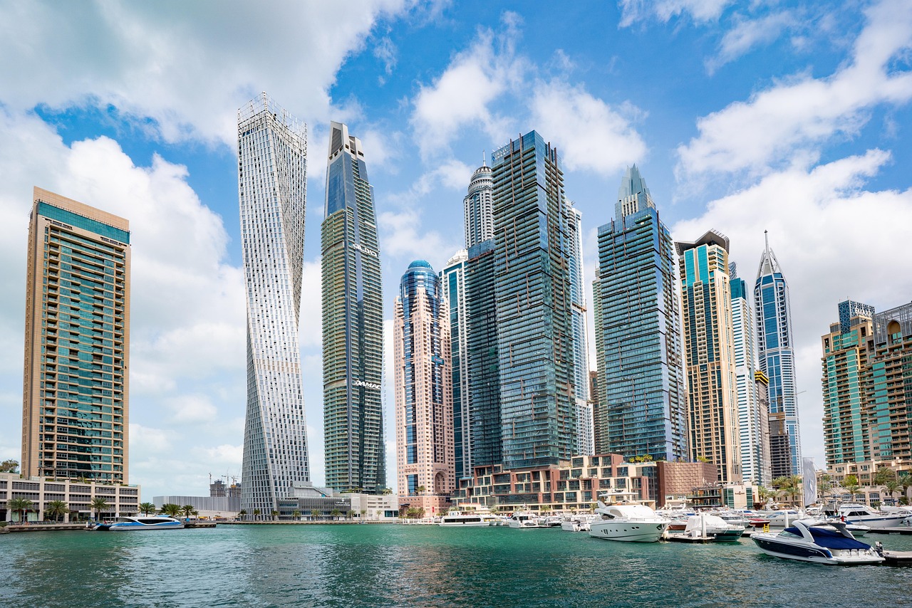 Dubai Marina at colorful sunset